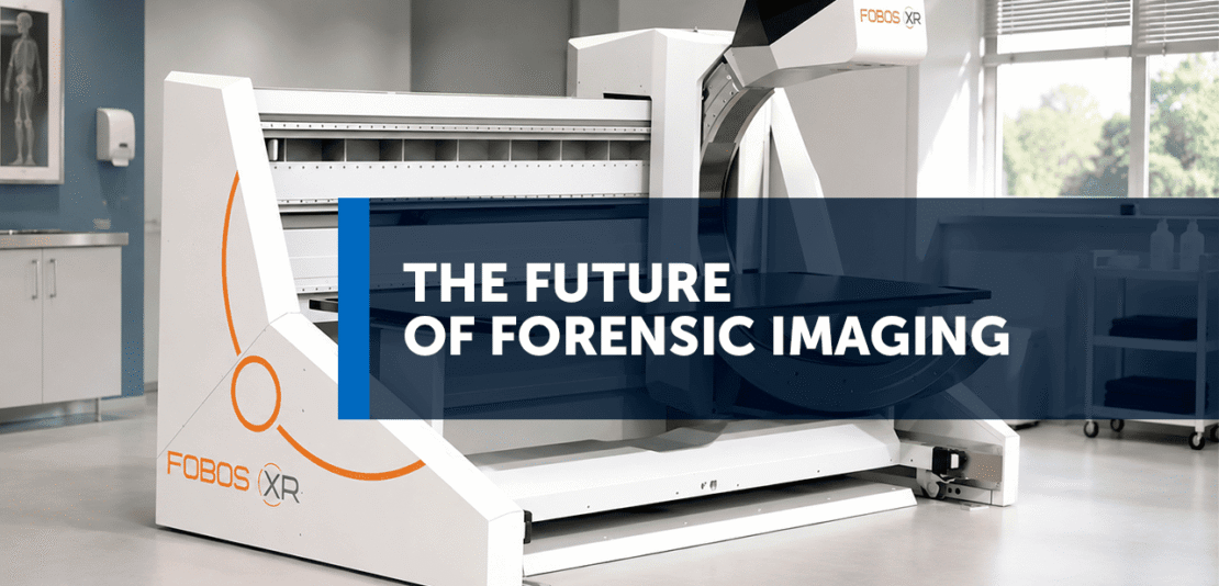 Futuristic forensic imaging scanner in a clinical lab with a blue translucent banner reading 'The Future of Forensic Imaging' overlaying the device, FOBOS XR logo visible.