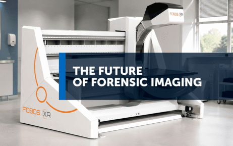 Futuristic forensic imaging scanner in a clinical lab with a blue translucent banner reading 'The Future of Forensic Imaging' overlaying the device, FOBOS XR logo visible.