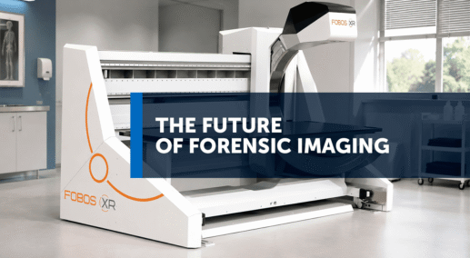 Futuristic forensic imaging scanner in a clinical lab with a blue translucent banner reading 'The Future of Forensic Imaging' overlaying the device, FOBOS XR logo visible.