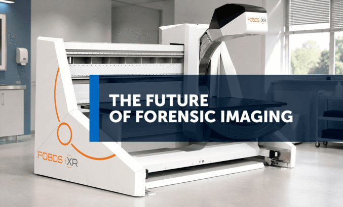 Futuristic forensic imaging scanner in a clinical lab with a blue translucent banner reading 'The Future of Forensic Imaging' overlaying the device, FOBOS XR logo visible.
